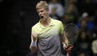 Kevin Anderson, of South Africa, reacts during his finals match against Sam Querrey, of the United States, at the New York Open tennis tournament in Uniondale, N.Y., Sunday, Feb. 18, 2018. Anderson defeated Querrey in a tie-breaker to win the tournament. (AP Photo/Seth Wenig)