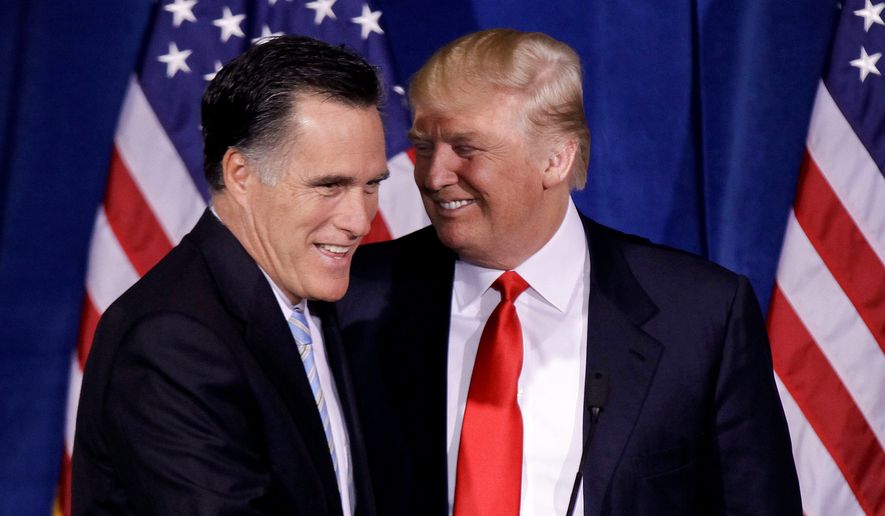 Donald Trump greets Republican presidential candidate, former Massachusetts Gov. Mitt Romney, after announcing his endorsement of Romney during a news conference, Thursday, Feb. 2, 2012, in Las Vegas.  (AP Photo/Julie Jacobson) ** FILE **