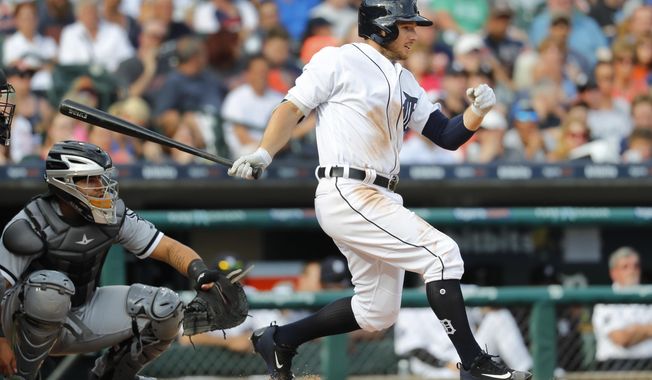 FILE - In this June 3, 2017, file photo, Detroit Tigers' Alex Presley bats against the Chicago White Sox in the sixth inning of a baseball game in Detroit. Alex Presley and the Baltimore Orioles have agreed to a minor league contract, and the outfielder will report of major league spring training. Baltimore, which announced the deal Monday, Feb. 19, 2018, had been in the market for a left-handed hitting outfielder. (AP Photo/Paul Sancya, File)