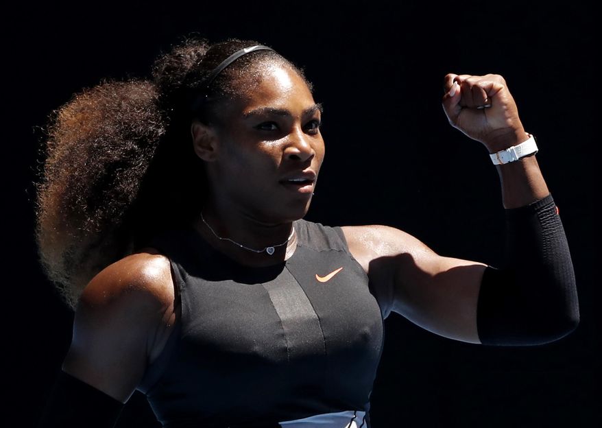 FILE - In this Jan. 25, 2017, file photo, Serena Williams gestures while playing Britain's Johanna Konta during their quarterfinal match at the Australian Open tennis championships in Melbourne, Australia. While Williams has long been an advocate of Black Lives Matter, it was only after former NFL quarterback Colin Kaepernick took a knee during the 2016 season that the country really began to pay attention to black athlete activism. (AP Photo/Dita Alangkara, File)