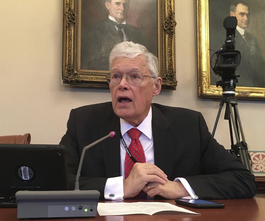 Illinois Sen. William Haine speaks at a committee hearing Tuesday, Feb. 20, 2018, at the state Capital in Springfield, Ill. Haine criticized Gov. Bruce Rauner Tuesday over the Legionnaires' disease crisis at the Quincy veterans home, saying the Republican’s administration has been sitting on viable options for more than a year and officials "need to make a decision and get it done." (AP Photo by John O'Connor)