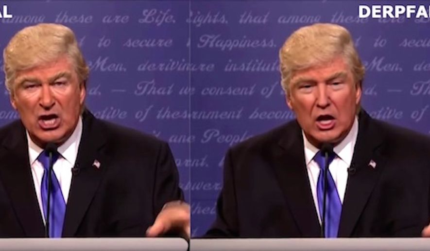 An algorithm is used to convincingly image-swap actor Alec Baldwin and President Trump on the YouTube channel derpfakes, Feb. 19, 2018. The technology website The Next Web reported on Feb. 21 that improvements to the technology within the next two years will threaten our &quot;understanding of the truth.&quot; (Image: YouTube, derpfakes) 