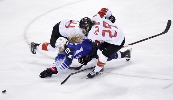 Gigi Marvin (19), of the United States, collides between Renata Fast (14), of Canada, and Marie-Philip Poulin (29), of Canada, during the first period of the women&#39;s gold medal hockey game at the 2018 Winter Olympics in Gangneung, South Korea, Thursday, Feb. 22, 2018. (AP Photo/Matt Slocum)