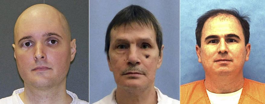 This photo combo shows death row immates, from left, Thomas Whitaker from Texas, Doyle Lee Hamm from Alabama, and Eric Scott Branch from Florida. Executions are set for Alabama, Texas and Florida for the same night. If they are carried out as scheduled Thursday, Feb. 22, 2018, it would mark the first time in more than eight years that three convicted killers were put to death in the U.S. on the same day.(AP Photo/File)