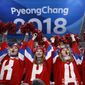 Russian fans cheer while watching the quarterfinal round of the men&#39;s hockey game between Norway and the team from Russia at the 2018 Winter Olympics in Gangneung, South Korea, Wednesday, Feb. 21, 2018. (AP Photo/Jae C. Hong)