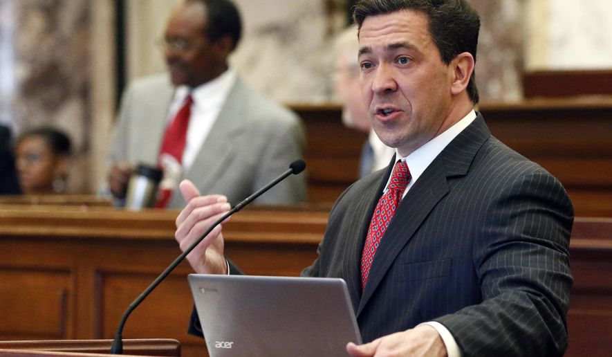 Sen. Chris McDaniel, R-Ellisville, speaks about one of his amendments during floor debate to the creation of the Asbestos Transparency Trust Act in Senate chambers at the Capitol in Jackson, Miss.. McDaniel, who lost a bitter U.S. Senate race in 2014, says he will &quot;get into a dark place and pray&quot; about whether to run this year. (AP Photo/Rogelio V. Solis, File)