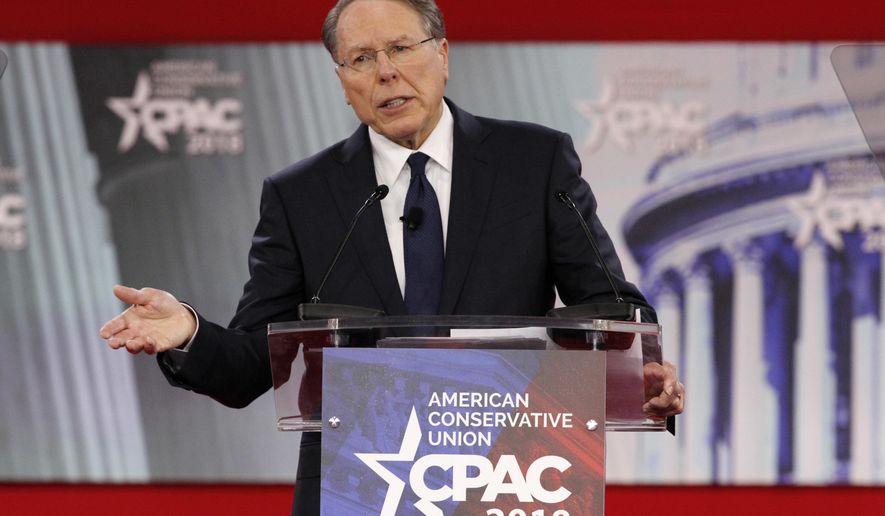 FILE- In this Thursday, Feb. 22, 2018, file photo, National Rifle Association Executive Vice President and CEO Wayne LaPierre, speaks at the Conservative Political Action Conference (CPAC), at National Harbor, Md. LaPierre said at the conference that those advocating for stricter gun control are exploiting the Florida shooting which killed over a dozen people, mostly high-school students. (AP Photo/Jacquelyn Martin, File)