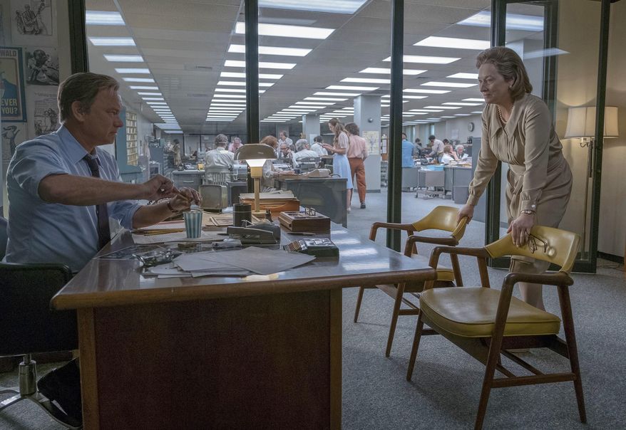 In this image released by 20th Century Fox, Tom Hanks portrays Ben Bradlee, left, and Meryl Streep portrays Katharine Graham in a scene from "The Post." The film is nominated for an Oscar for best picture. The 90th Oscars will air live on ABC on Sunday, March 4. (Niko Tavernise/20th Century Fox via AP)