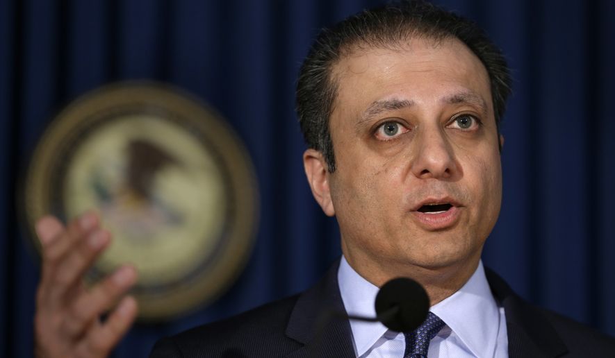 U.S. Attorney in Manhattan, Preet Bharara explains some details of an alleged insider trading scheme during a news conference in New York, Thursday, May 19, 2016.  Professional golfer Phil Mickelson has agreed to forfeit nearly $1 million that the Securities and Exchange Commission said was unfairly earned on a tip from an insider trading scheme conducted by a former corporate director and a professional gambler. Federal prosecutors announced criminal charges against a gambler named William Walters and the former director of Dean Foods, Thomas Davis, alleging that the pair used inside information about the company to make millions of dollars in illicit stock trades between 2008 and 2012. (AP Photo/Seth Wenig)