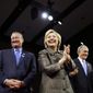 Democratic presidential candidate Hillary Clinton is accompanied by Philadelphia Mayor Jim Kenney, left, Sen. Bob Casey D-Pa., Gov. Tom Wolf, and former President Bill Clinton, stands on stage at her presidential primary election night rally, Tuesday, April 26, 2016, in Philadelphia. (AP Photo/Matt Rourke)