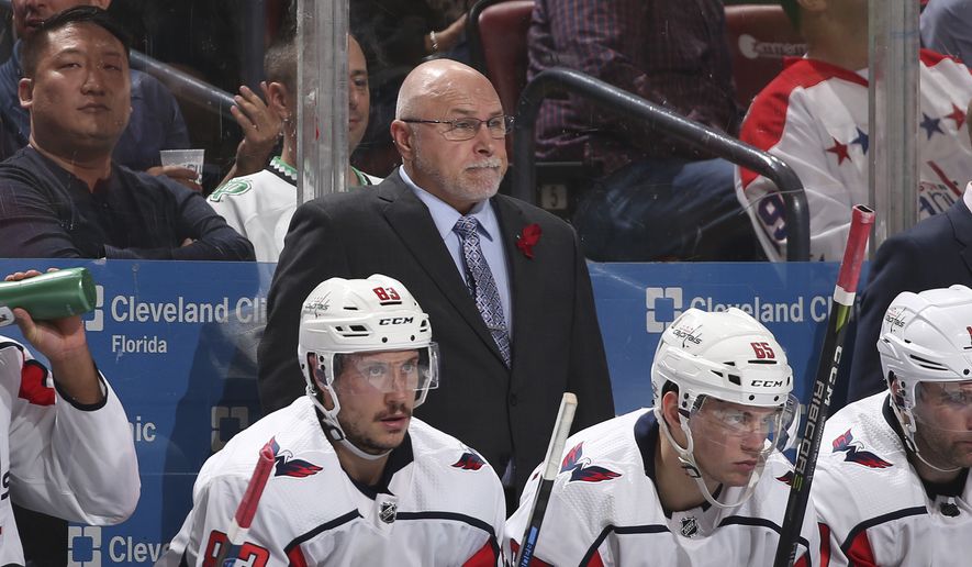 Washington Capitals head coach Barry Trotz looks on during the second period of an NHL hockey game against the Florida Panthers, Thursday, Feb. 22, 2018, in Sunrise, Fla. The Panthers defeated the Capitals 3-2. (AP Photo/Joel Auerbach) **File**