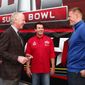 Papa John&#39;s founder, chairman and CEO John Schnatter talks with Archie Manning and JJ Watt on Super Bowl 51 Radio Row, Thursday, Feb. 2, 2017, in Houston. (Photo by Jack Dempsey/Invision for Papa John&#39;s/AP Images) ** FILE **