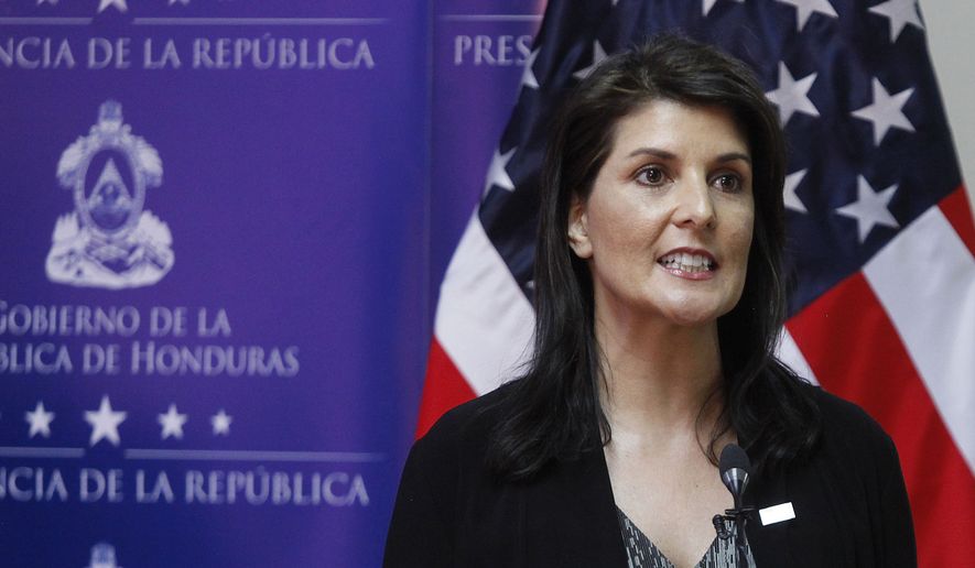 Nikki Haley, United States Ambassador to the United Nations, speaks during a joint press conference with Honduras&#x27; President Juan Orlando Hernandez, not in picture, in Tegucigalpa, Honduras, Tuesday, Feb. 27, 2018. Haley said Hernandez should increase efforts to establish a dialogue with opposition leaders who claim he stole the November elections. (AP Photo/Fernando Antonio)