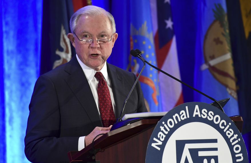 Attorney General Jeff Sessions delivers remarks to the National Association of Attorneys General at their Winter Meeting in Washington, Tuesday, Feb. 27, 2018. (AP Photo/Susan Walsh)