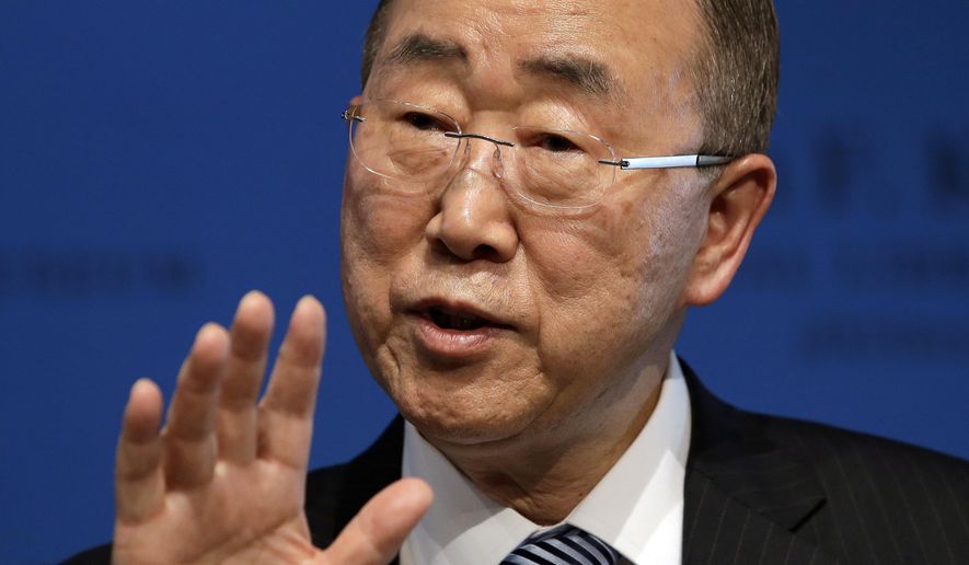 FILE - In this Wednesday, June 28, 2017, file photo, former United Nations Secretary-General Ban Ki-moon addresses an audience during a forum at the John F. Kennedy Presidential Library and Museum in Boston. Ban is scheduled to speak at Boston College, Tuesday, Feb. 27, 2018, on "human welfare and global citizenship." (AP Photo/Steven Senne, File)