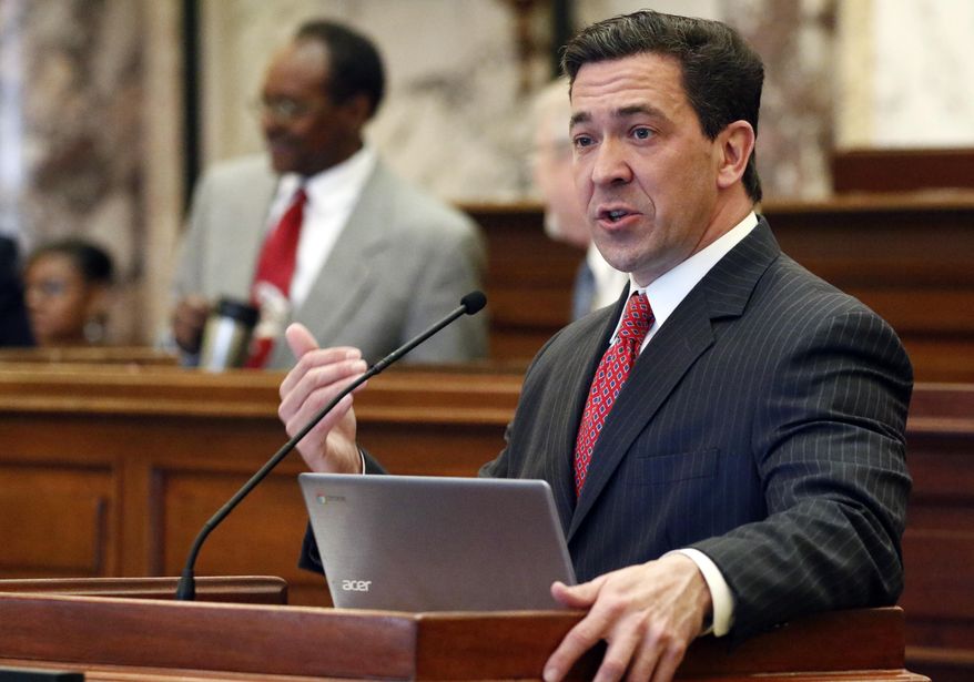 In this Tuesday, March 7, 2017, file photo, state Sen. Chris McDaniel, R-Ellisville, speaks about one of his amendments during a floor debate in the Senate chambers at the Capitol in Jackson, Miss. McDaniel will challenge U.S. Sen. Roger Wicker in the 2018 U.S. Senate race. (AP Photo/Rogelio V. Solis, File)