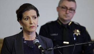 FILE - In this May 13, 2016 file photo, Oakland Mayor Libby Schaaf, left, speaks beside then-Oakland Chief of Police Sean Whent in Oakland, Calif. The teenage daughter of a police dispatcher at the center of a Northern California sexual misconduct scandal involving two dozen officers has filed suit against one of the law enforcement agencies, her attorney announced Friday, Aug. 18, 2017. The 19-year-old filed the federal lawsuit in San Francisco Thursday, Aug. 17, 2017. Whent was forced to resign in June 2016 and the department cycled through two other chiefs in less than a month before the city&#39;s top administrator took over management of the police. (AP Photo/Ben Margot, File)