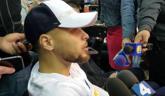 Stephen Curry talks to the media after the Golden State Warriors&#39; shootaround Wednesday, Feb. 28 at Capital One Arena. (Screen shot / @Adam_Zielonka)
