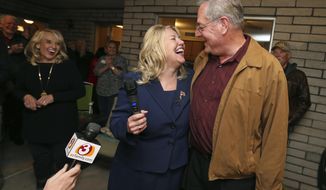 Republican candidate and former Arizona state Sen. Debbie Lesko celebrates with her husband, Joe, after voting results show her victory in a special primary election for the Congressional District 8 seat during a campaign party at Lesko&#39;s home, Tuesday, Feb. 27, 2018, in Glendale, Ariz. A special primary election was being held to replace Arizona Republican Rep. Trent Franks who resigned amid accusations of sexual misconduct. (AP Photo/Ralph Freso)