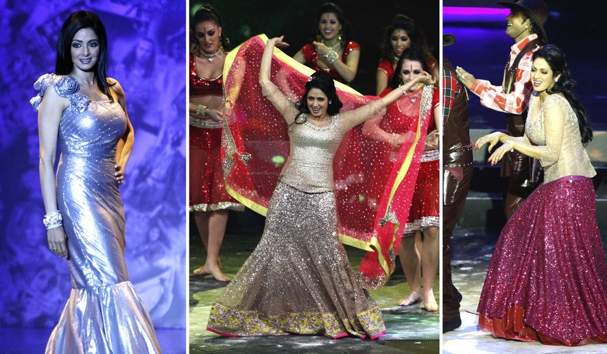 In this combination of file photos taken on Sept. 21, 2010 in Mumbai, left, and July 6, 2013 in Macau, center and right, Bollywood actor Sridevi performs on stage. In a country where movies are almost a religion and movie stars almost deities, it could be treacherous to pick Sridevi's best movies. No matter which you choose, millions of fans will disagree, many angrily. Plus, there are more than 150 movies to choose from, in at least six languages, over almost four decades. As thousands of grieving fans gathered in Mumbai on Wednesday, Feb. 28, 2018, to pay respects to Sridevi, the iconic Bollywood actress who drowned accidentally in a Dubai hotel bathtub over the weekend. (AP Photo/Rajanish Kakade, Kin Cheung, File)