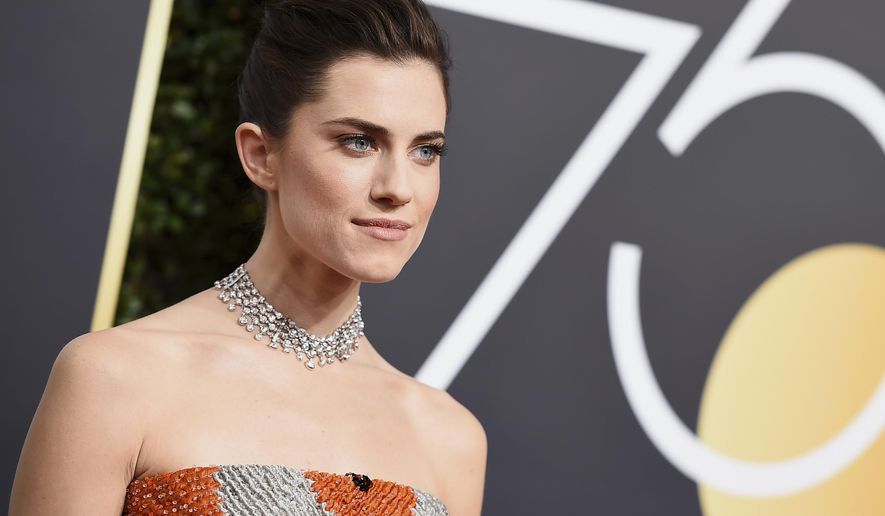 FILE - In this Jan. 7, 2018 file photo, actress Allison Williams wears 43-carat bib Forevermark diamond necklace at the 75th annual Golden Globe Awards in Beverly Hills, Calif. (Photo by Jordan Strauss/Invision/AP, File)