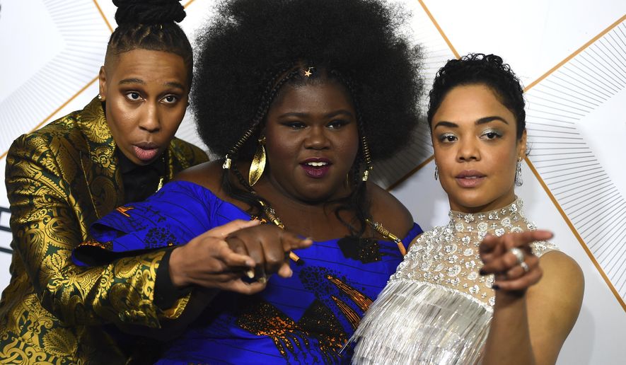 Lena Waithe, from left, Gabourey Sidibe and Tessa Thompson attend the 11th Annual Essence Black Women in Hollywood Awards Luncheon on Thursday, March 1, 2018 in Beverly Hills, Calif. (Photo by Jordan Strauss/Invision/AP)