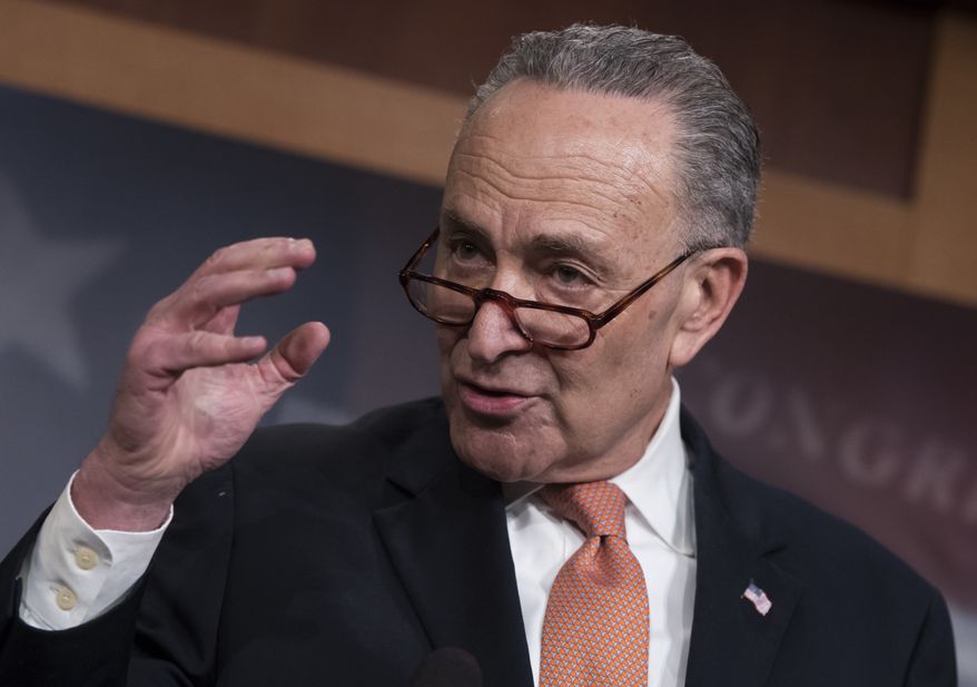 Senate Minority Leader Chuck Schumer, D-N.Y., explains to reporters how his negotiations with President Donald Trump broke down yesterday as quarreling politicians in Washington eventually failed to keep their government in business, at the Capitol in Washington, Saturday, Jan. 20, 2018. (AP Photo/J. Scott Applewhite)