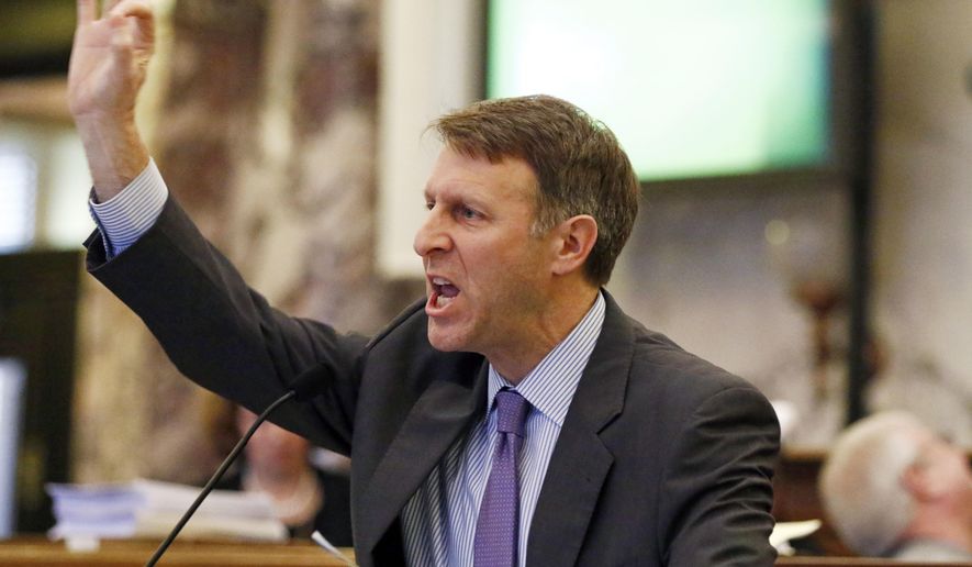 Senate Education Committee chairman Gray Tollison, R-Oxford, speaks during debate on legislation that would change current funding policies of Mississippi's education funding formula at the Capitol in Jackson, Miss., Thursday, March 1, 2018. Lawmakers rejected the attempt to rewrite the state's public school funding formula, killing the bill on a procedural motion. The vote was 27-21. (AP Photo/Rogelio V. Solis)