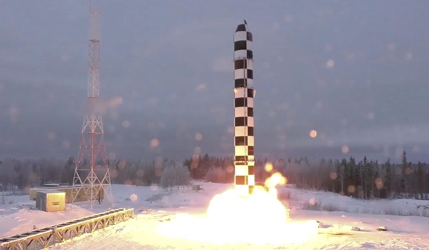 In this video grab provided by RU-RTR Russian television via AP television on Thursday, March 1, 2018, Russia's new Sarmat intercontinental ballistic missile blasts off during a test launch from an undisclosed location in Russia. President Vladimir Putin declared on March 1 that Russia has developed a range of new nuclear weapons, claiming they can't be intercepted by any enemy. (RU-RTR Russian Television via AP) ** FILE **