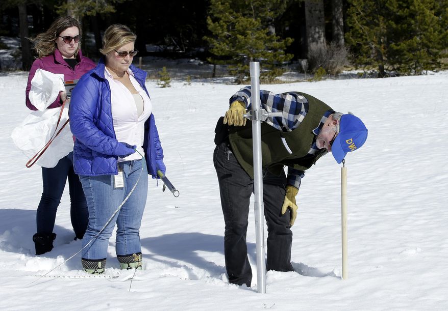 FILE - In this Feb. 1, 2018 file photo Frank Gehrke, right, chief of the California Cooperative Snow Surveys Program, for the Department of Water Resources, checks the snowpack depth as Courtney Obergfell, left, and Michelle Mead, center, both of the National Weather Service, look on during the second snow survey of the season near Echo Summit, Calif. A new study led by scientists at Oregon State University has found that snowpack has declined dramatically across the American West over the past century. (AP Photo/Rich Pedroncelli,File)