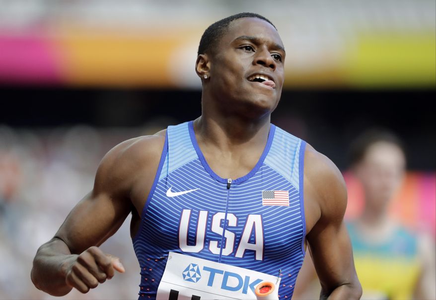 FILE - In this Saturday, Aug. 12, 2017 file photo, United States' Christian Coleman anchors the Men's 4x100m relay team to a win in a heat during the World Athletics Championships in London. The 21-year-old American, Coleman said Friday March 2, 2018, that he wants to leave his own mark on athletics, in the post-Bolt era.(AP Photo/David J. Phillip, file)