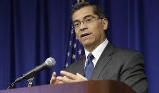 FILE-- In this JAN. 18, 20178 file photo, is California Attorney General Xavier Becerra at a news conference in Sacramento, Calif. Becerra, who was appointed by Gov. Jerry Brown to fill the term of Kamala Harris after she was elected to the U.S. Senate, is being challenged by a fellow Democrat, Insurance Commissioner Dave Jones. (AP Photo/Rich Pedroncelli, file)