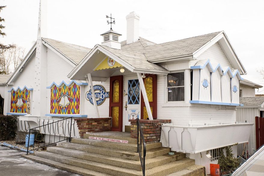 This Wednesday, Feb. 28, 2018 shows the Chapel of the Bells on West Fourth Street in Reno, Nev. The last drive-thru wedding chapel which George Flint opened in 1962, closed its doors for good on Wednesday. (Mike Higdon/The Reno Gazette-Journal via AP)