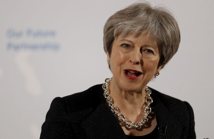 Britain's Prime Minister Theresa May delivers a speech at the Mansion House in London, Friday March 2, 2018. May promised to tell an impatient European Union on Friday what Britain is prepared to give and what it wants to take in a post-Brexit trade deal with the bloc. (Peter Nicholls/Pool Photo via AP)