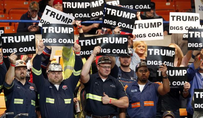 A group of coal miners wave Trump signs as they wait for a rally in Charleston, W.Va., Thursday, May 5, 2016.  (AP Photo/Steve Helber)