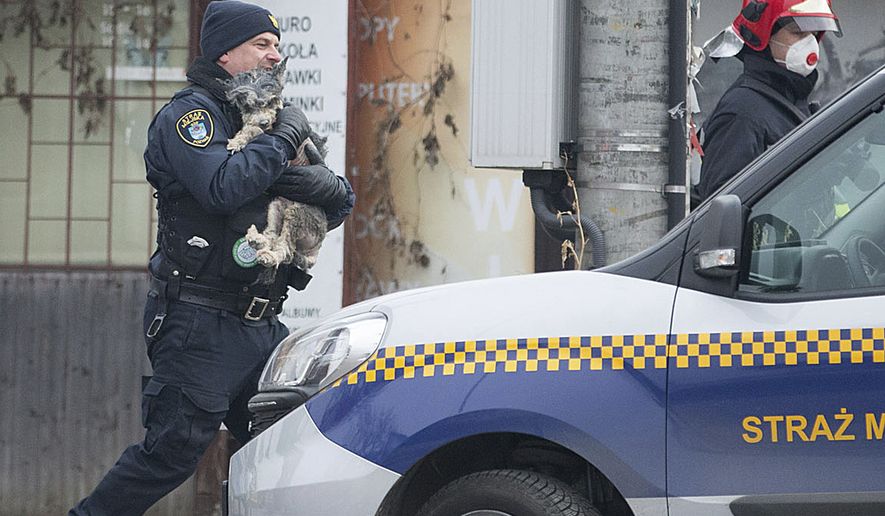 A city guard, left, and a rescuer walk with a little dog saved from the rubble of an apartment bloc that has collapsed killing several people in the western city of Poznan, Poland, Monday, March 5, 2018. Firefighters and rescuers with dogs have been searching in sub-freezing temperatures through the debris of the building in the western city of Poznan after it collapsed early Sunday. (AP Photo/Str)