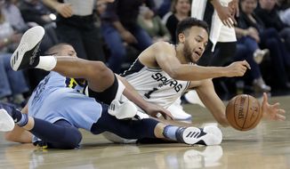 San Antonio Spurs forward Kyle Anderson (1) and Memphis Grizzlies forward Chandler Parsons (25) scramble for a loose ball during the first half of an NBA basketball game, Monday, March 5, 2018, in San Antonio. (AP Photo/Eric Gay)