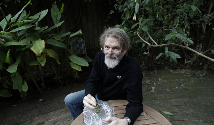FILE - In this Dec. 22, 2017, file photo, Dale Gieringer, of NORML (National Organization for the Reform of Marijuana Laws), poses at his house in Berkeley, Calif. Some states that have legalized marijuana are considering providing so-called sanctuary status for licensed marijuana businesses, hoping to protect them from a shift in federal enforcement policy. Gieringer said California has a rotten history with the feds on marijuana enforcement. "I don't think the feds care too much about marijuana in Alaska, to tell you the truth," he said. "But marijuana has been a big industry in this state, so we're sort of on the front lines." (AP Photo/Jeff Chiu, File)