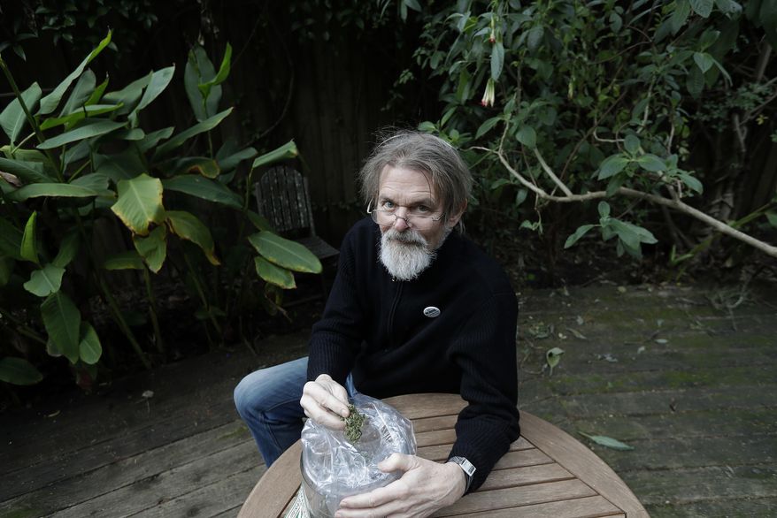 FILE - In this Dec. 22, 2017, file photo, Dale Gieringer, of NORML (National Organization for the Reform of Marijuana Laws), poses at his house in Berkeley, Calif. Some states that have legalized marijuana are considering providing so-called sanctuary status for licensed marijuana businesses, hoping to protect them from a shift in federal enforcement policy. Gieringer said California has a rotten history with the feds on marijuana enforcement. "I don't think the feds care too much about marijuana in Alaska, to tell you the truth," he said. "But marijuana has been a big industry in this state, so we're sort of on the front lines." (AP Photo/Jeff Chiu, File)