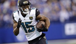 FILE - In this Jan. 1, 2017, file photo, Jacksonville Jaguars wide receiver Allen Robinson (15) runs after a catch during the first half of an NFL football game against the Indianapolis Colts in Indianapolis. The Jaguars are not expected to use the franchise tag on free-agent receiver Allen Robinson, raising questions about the team&#39;s plan to revamp an offense that lacked play-makers in 2017. (AP Photo/AJ Mast, File)