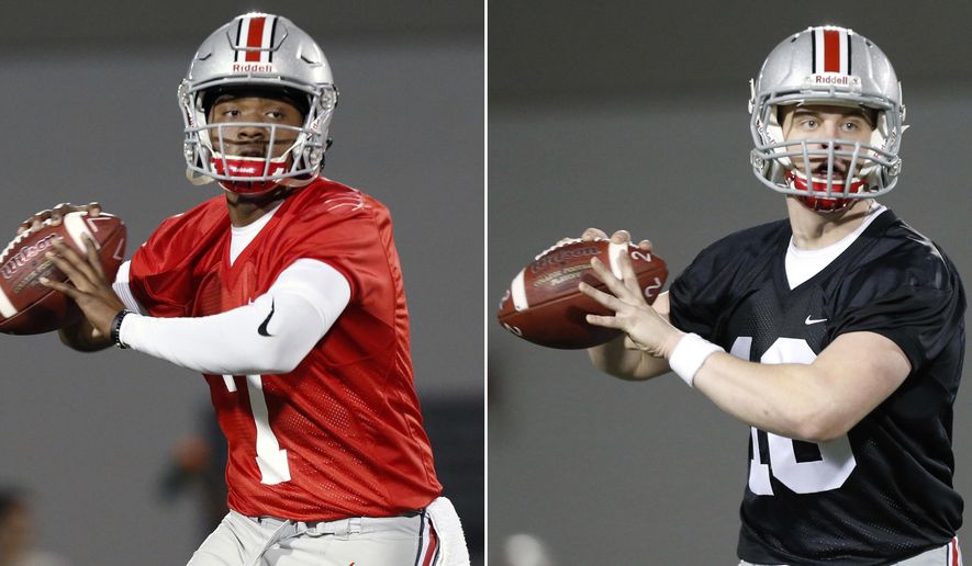 FILE - These are March 7, 2017, file photos, showing Ohio State quarterbacks Dwayne Haskins, left, and Joe Burrow, right, during an NCAA college football practice in Columbus, Ohio. A three-way quarterback derby promises to lend some intrigue to Ohio State’s spring practice that opened on Tuesday, March 6, 2018. (AP Photo/Jay LaPrete, File)