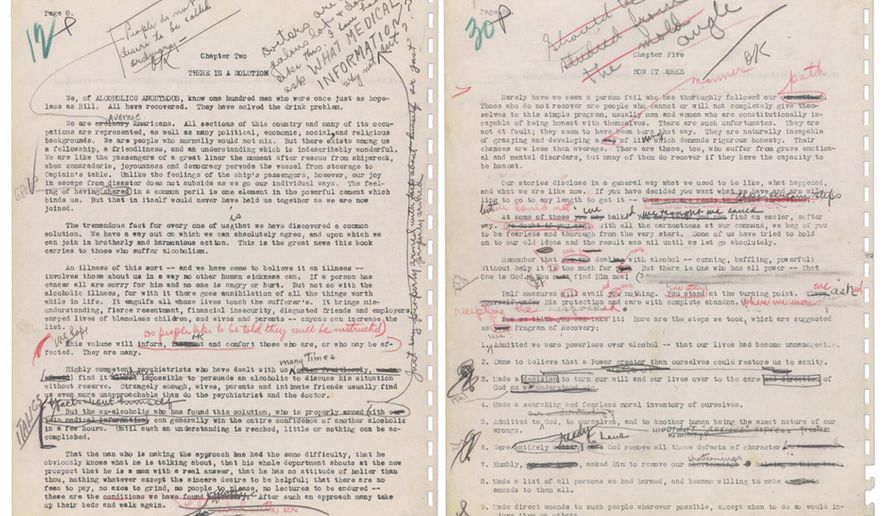 This image released by Profiles in History shows two pages from the original Alcoholics Anonymous manuscript. Alcoholics Anonymous is demanding the return of its 1939 original manuscript describing the "Twelve Step" program of recovery from alcoholism. Alcoholics Anonymous World Services Inc. in New York state court last Thursday sued an Alabama man, Ken Roberts, who owns the manuscript, a New York art gallery and a California auction house. The manuscript is to be sold June 8 at auction. The lawsuit said the manuscript was gifted to a man who left instructions for it to be given to Alcoholics Anonymous upon his death. But it never was. (Profiles in History via AP)
