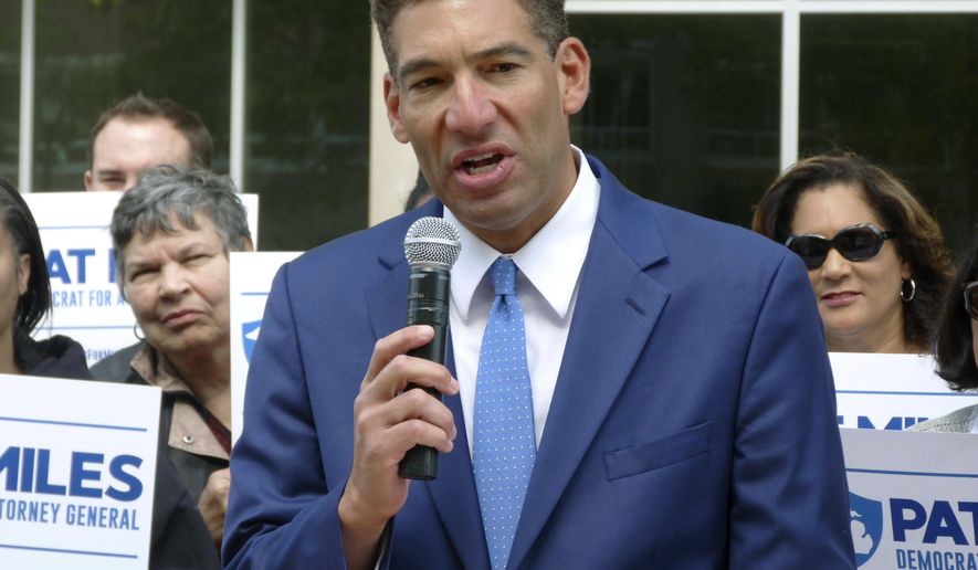 FILE- In this Sept. 28, 2017 file photo, Democrat Pat Miles, announces his campaign for state attorney general in Lansing, Mich. Miles, a former federal prosecutor who is running to be Michigan's next attorney general, says he is taking a "stronger stance" on marijuana legalization by backing a ballot measure that would legalize the drug for recreational purposes. (AP Photo/David Eggert, File)