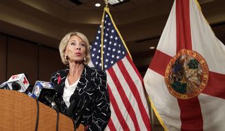 Secretary of Education Betsy DeVos speaks at a news conference following a visit to Marjory Stoneman Douglas High School in the aftermath of the Feb. 14 mass shooting at the school, Wednesday, March 7, 2018, in Coral Springs, Fla. (AP Photo/Lynne Sladky) **FILE**