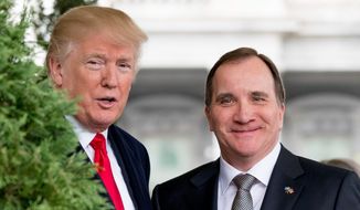 President Donald Trump greets Swedish Prime Minister Stefan Lofven as he arrives at the White House, Tuesday, March 6, 2018, in Washington. (AP Photo/Andrew Harnik)