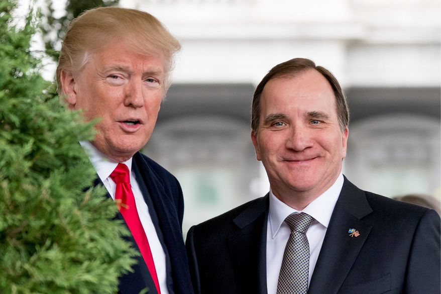 President Donald Trump greets Swedish Prime Minister Stefan Lofven as he arrives at the White House, Tuesday, March 6, 2018, in Washington. (AP Photo/Andrew Harnik)