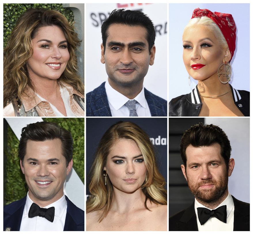 This combination photo shows, top row from left, Shania Twain, Kumail Nanjiani, Christina Aguilera, and bottom row from left, Andrew Rannells, Kate Upton and Billy Eichner, who will guest star on the 10th season of "RuPaul’s Drag Race." The series premieres Thursday, March 22. (AP Photo)