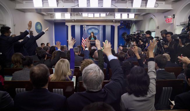 In this March 9, 2018, file photo, then-White House press secretary Sarah Huckabee Sanders speaks to the media during the daily briefing in the Brady Press Briefing Room of the White House. There has been no press briefing since March 2019, a hiatus that concerns a bipartisan group of former White House press secretaries and spokespersons. (AP Photo/Pablo Martinez Monsivais) **FILE**