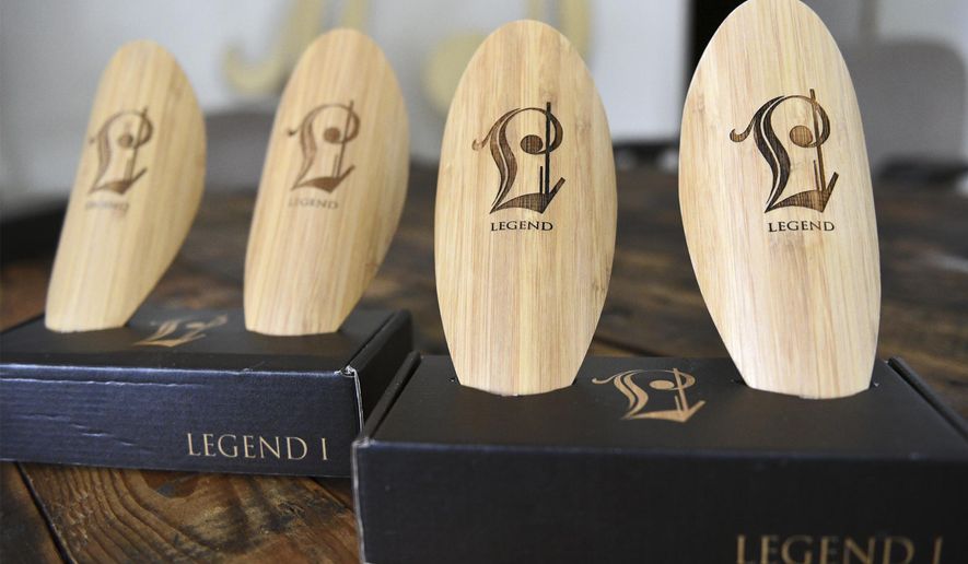 This March 2, 2018 photo shows Legend I bamboo shin guards by Legend Soccer Co. on display in Whitefish, Mont.   The company manufactures and sells specialty shin guards for soccer players. They made their debut several years back but have recently seen their business increase sizably.   (Casey Kreider/The Daily Inter Lake via AP)