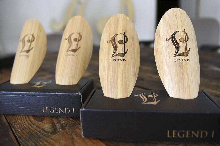 This March 2, 2018 photo shows Legend I bamboo shin guards by Legend Soccer Co. on display in Whitefish, Mont.   The company manufactures and sells specialty shin guards for soccer players. They made their debut several years back but have recently seen their business increase sizably.   (Casey Kreider/The Daily Inter Lake via AP)